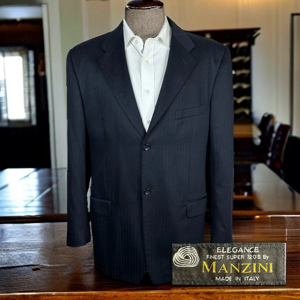 Chaqueta Blazer Manzini Italia Para Hombre 44L Azul Marino Rayas Super 120s Lana Foto 1 de 4