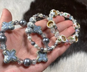 Cross Jewelry Wholesale Lot 6 Glass Beaded Stretch Bracelet Black Silver - Picture 1 of 9