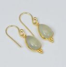 925 Solid Sterling Silver 24Ct Gold Overlay Green Prehnite Hook Earring B