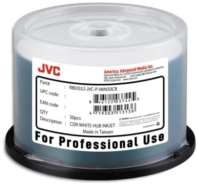 100-Pak JVC PRO (Ritek Pro) White Inkjet Hub 52X 80-Min CD-R's in Cakebox - Image 1 of 2