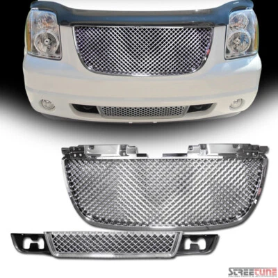 Chrome 3D Mesh Upper+Lower Front Hood Bumper Grille For 07-14 GMC Yukon Denali - Image 1 of 4