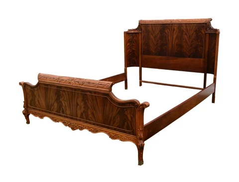 Vintage Carved Mahogany Flame Grain French Style Full Size Bed Cover