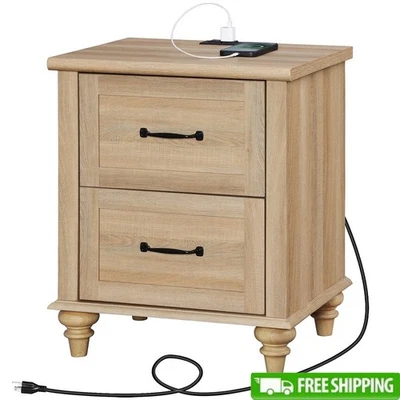Rustic MDF End Table W/ Charging Station 2 USB Ports 2 Drawers Indoor Furniture - Image 1 of 4