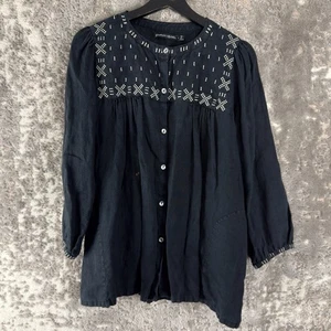 Gudrun Sjoden Size M Linen Geometric Casual Button Top Black Long Sleeve Shirt - Picture 1 of 9