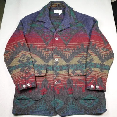 Vintage LL Bean Wool Jacket Mens L Gray Southwest Aztec Pattern USA 90s chore - Image 1 of 4