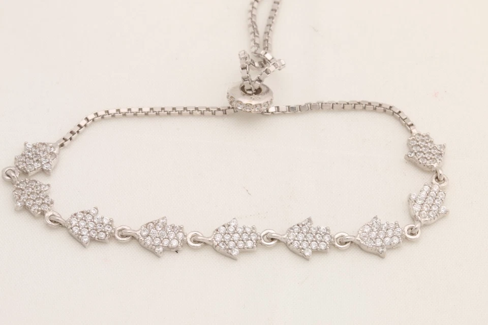 Turkish Jewelry Fatima's Hand Zircon 925 Sterling Silver Rhodium Bracelet - Image 1 of 4