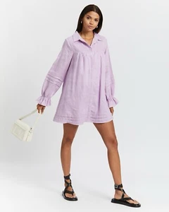 Aere | Lilac Linen Button Through Long Sleeved Smock Dress | Size 8 - Picture 1 of 12