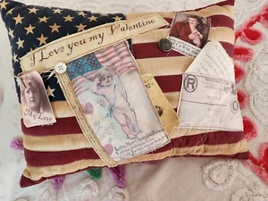 Vintage Handmade Nostalgic Romantic Valentine Patriotic Pillow Tea Dyed - Picture 1 of 4