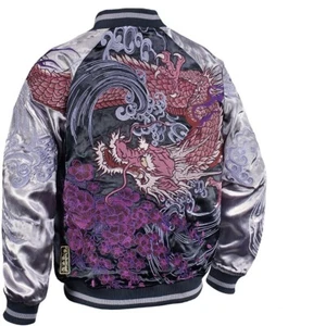 Unused Karakuri Tamashii Sukajan Jacket Embroidered Dragon Silver Black Size M - Picture 1 of 10