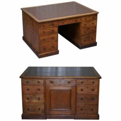 ANTIQUE ENGLISH VICTORIAN DOUBLE SIDED OAK TWIN PEDESTAL 18 DRAWER KNEEHOLE DESK - Image 1 of 4
