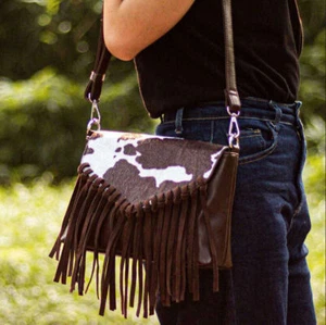 Borsa a tracolla con frange Celela donna modello mucca borsa a mano portafoglio - Foto 1 di 5