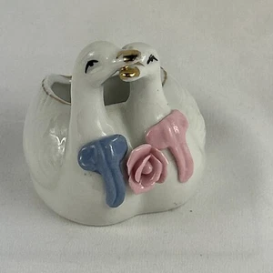Vintage Swan Trinket Dish Cuddling Pair White Porcelain Gold Trim 2.5” - Picture 1 of 6