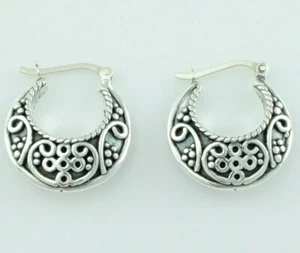 925 Argento Sterling Ossidato Stile Antico Decorato Orecchini Stile Creolo - Foto 1 di 3