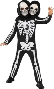 Kids 2 Headed Skeleton Costume Boys Girls Scary Halloween Jumpsuit + Mask - Picture 1 of 4