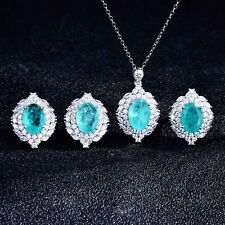 New 3pcs Set Paraiba Blue Tourmaline Gems Charm Women Necklaces Earrings Rings