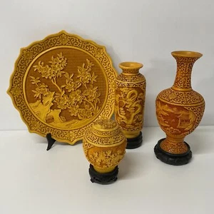 4pc Chinese Yellow Cinnabar Style Carved Resin Vases, Urn & Plate Set (E5) W#612 - Picture 1 of 8