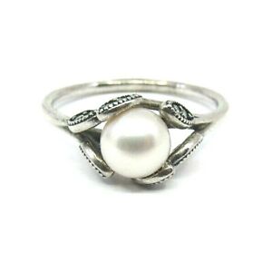 **AUTHENTIC PANDORA 925 STERLING SILVER  LUMINOUS LEAVES RING WITH PEARL CZ (48)