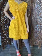Boho Chic Yellow Cotton Tunic Dress Floral Print Cotton Sequin Work Kurti L