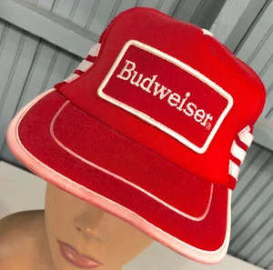 VTG Budweiser Beer Mesh Trucker Side Stripes Snapback Baseball Cap Hat - Picture 1 of 7