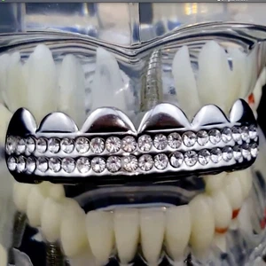 Best Grillz Silver Tone Top Teeth Two Rows Iced Simulated CZ Hip Hop Grills - Picture 1 of 3