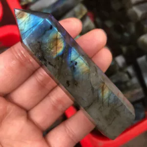 70-80mm Natural Labradorite Hexagonal Obelisk Quartz Crystal Point Wand Healing - Picture 1 of 20