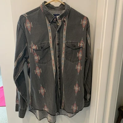 Wrangler Brushpopper Vintage Shirt 16.5 -35 Grey Aztec Southwest Rodeo Checotah - Image 1 of 4