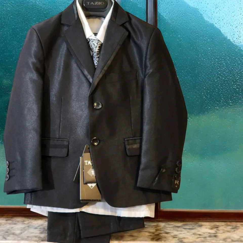 Traje Esmoquin Tazio Negro Piel de Tiburón Sólida Niños Jóvenes 4 Cuatro Piezas 2 Botones - Nuevo con Etiquetas Foto 1 de 4