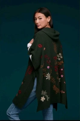 Johnny Was Cape OS Green Wool Cashmere Zuzu Embroidered Hoodie Sweater Cardigan - Image 1 of 4