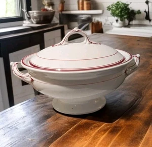 Antica zuppiera francese Gien Faience filetto rosso, 13" x 9" circa fine 1800 - Foto 1 di 18