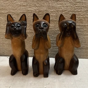 Holz geschnitzt Drei Weise Siamkatzen Figur Statue Sehen Hören Sprechen Nicht Böses RAR - Bild 1 von 8