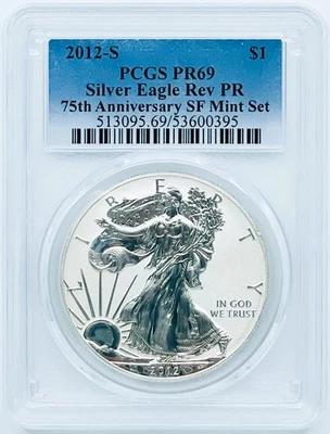 2012 S REVERSE PROOF 75th ANNIV. SF MINT SILVER EAGLE PR69 CLASSIC BLUE LABEL - Image 1 of 4