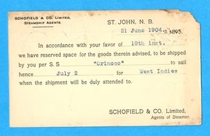 Printed Postal Stationery, Saint John, NB Steamship Agent, SS Orinoco, 1904 - Picture 1 of 2