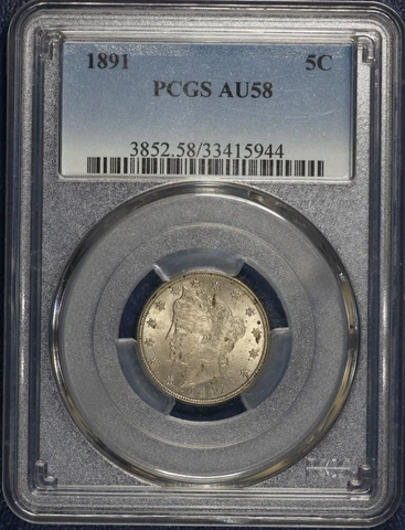 1891 Liberty V Nickel 5C- PCGS AU 58 Cover