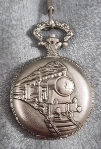 Locomotive Train Case Pocket Watch Geneva Quarts Battery Operated Movt. W/Chain - Picture 1 of 10