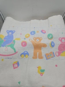 Vintage Baby Blanket Teddy Bear Toys Blocks Pastel Thermal Acrylic Satin Fleece - Picture 1 of 6
