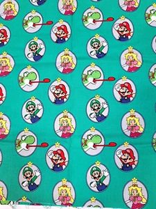 Super Mario Badge Cotton Fabric Green Nintendo CP70567 Yoshi Peach 60" Remnant - Picture 1 of 4