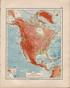 1914 MAP ~ NORTH AMERICA PHYSICAL LAND HEIGHTS ROCKY MOUNTAINS PLATEAU