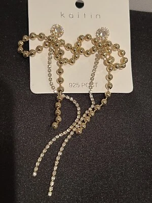 Pendientes largos con lazo de circonita cúbica de cuentas doradas S925 poste gota Foto 1 de 3