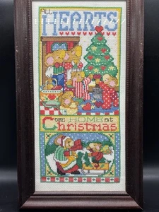 Finished Cross Stitch All Hearts Come Home At Christmas Completed Framed W Glass - Picture 1 of 5