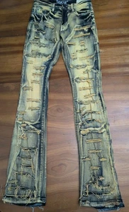 NEW TAKER PREMIUM 29x38 Slim Fit Stretch Ripped Distressed Stacked Flare Jeans - Picture 1 of 17