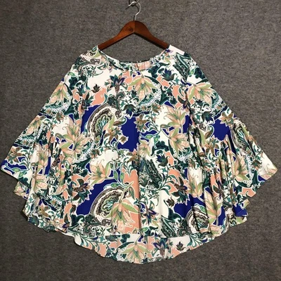 est 1946 佩斯利花卉束腰上衣女式 18/20W 蓝色桃色喇叭袖流畅 — 第 1/4 张图片