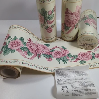 全新 批量 4 件 复古 壁纸 边框 花卉 莫妮卡玫瑰 粉色丝带 15 英尺 — 第 1/4 张图片