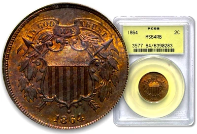 1864 2C Two Cent Piece - PCGS MS64RB Old Green Holder  CC930 - Image 1 of 4