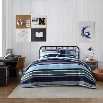 Conjunto de edredom listrado King 5 peças Elliot azul poliéster macio escovado estilo hotel - Imagem 1 de 4