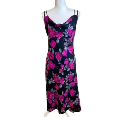 NEW YORK COMPANY Y2K 90s Black Floral Midi Slip Dress Cowl 6 Beaded Phoebe - Image 1 of 4