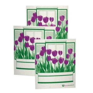 Schwedisches Geschirrtuch 3er Set je schwedische Geschirrtücher mit lila Tulpen Design - Bild 1 von 6