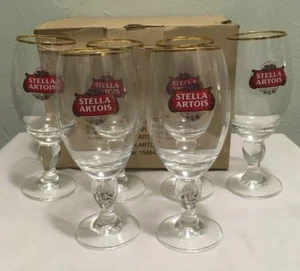 Set of 6 Authentic Stella Artois Original Gold Rim Beer Glass Chalice 33CL - Picture 1 of 9