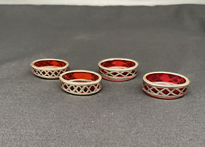 (4) Antique Salt Cellars Cranberry Red Glass With Silver Overlay