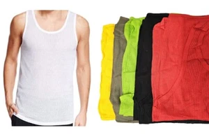 3 & 6 PK MENS EYELET VEST SLEEVELESS 100% COTTON SUMMER TANK TOP GYM COLOURS - Picture 1 of 4