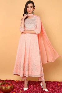 Bollywood Women Girl Peach Pure Cotton Geometric Embroidered Flared Suit Set - Picture 1 of 9